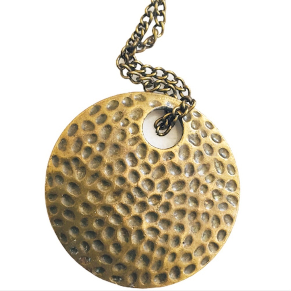Boho Hammered Textured Bronze Round Medallion Pendant Chain Necklace